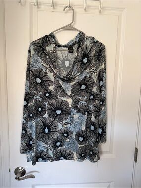 Cowl Neck Long Sleeve Floral Top - Light Blue & Black